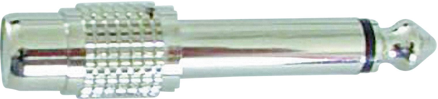 Srebrni audio adapter za spajanje dva audio kabela različitih veličina utikača.