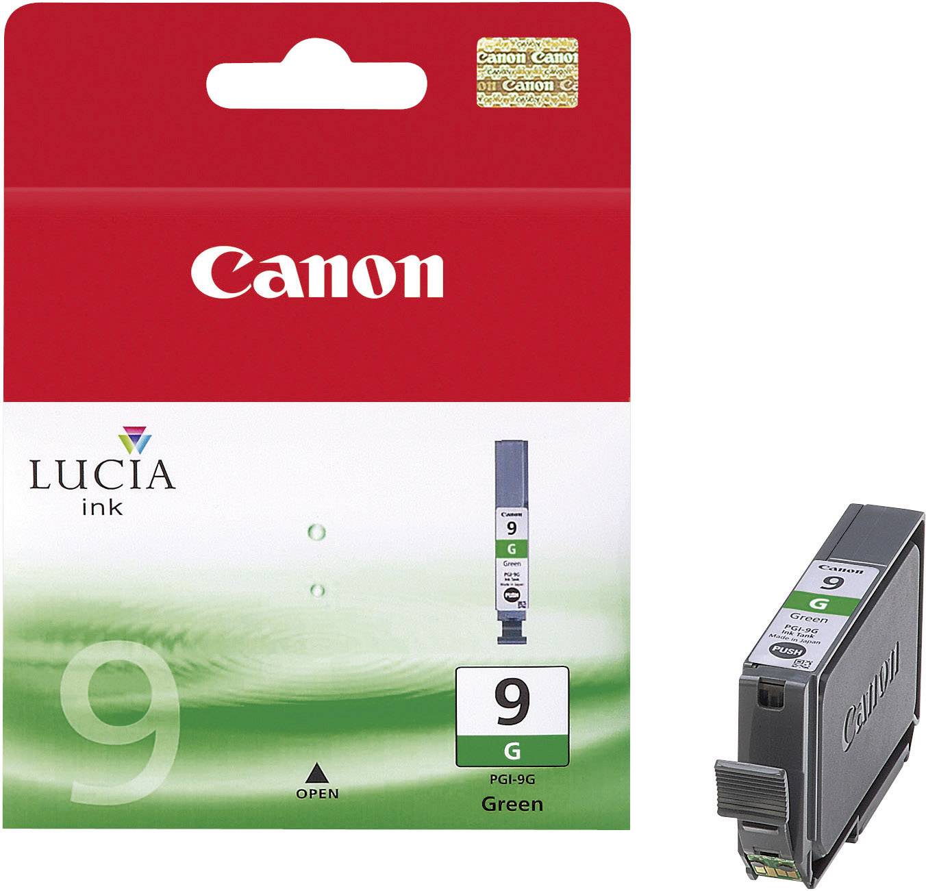Canon Tinta Lucia Ink 9G u zelenoj boji. Ambalaža prikazuje naziv proizvoda i spremnik tinte, obilježen oznakom '9 G Green'.