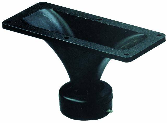 Crni adapter za zvučnike iz roga s pravokutnim otvorom i okruglim priključkom na kraju.