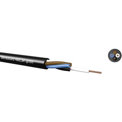Crni senzorski kabel 'Senscord 4x0,34 mm²' s tri vidljive žice: smeđa, plava, bijela. Pogodan za industrijske primjene.