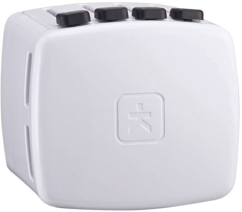 Kvadratni, bijeli plastični prekidač s četiri crne tipke gore i utisnутim logotipom u sredini.