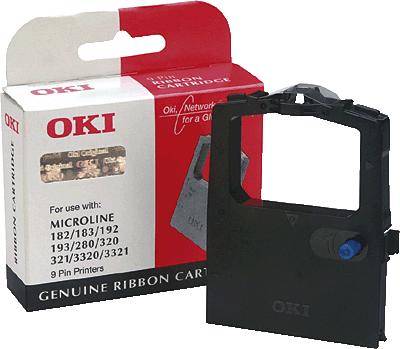 Originalna trakasta kazeta 'OKI Genuine Ribbon Cartridge' za pakiranje i vrpcu. Kompatibilna s OKI Microline pisačima, modeli od 182 do 3321.