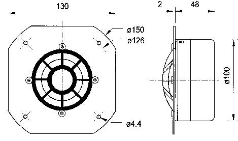 Tehnički nacrt ventilatora s pogledom sa strane i spreda. Dimenzije: 130 mm širina, 48 mm dubina, 100 mm promjer.