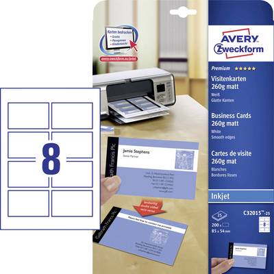 Pakiranje za Avery Zweckform posjetnice, 260 g/m², 25 listova. Prikazuje printer i isprintanu posetnicu s plavim dizajnom.