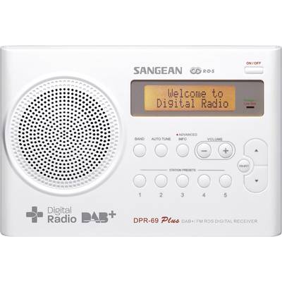 Bijeli digitalni radio s rešetkom zvučnika lijevo, malim zaslonom desno, prikazuje 'Dobrodošli na digitalni radio'. Ispod su upravljačke tipke.