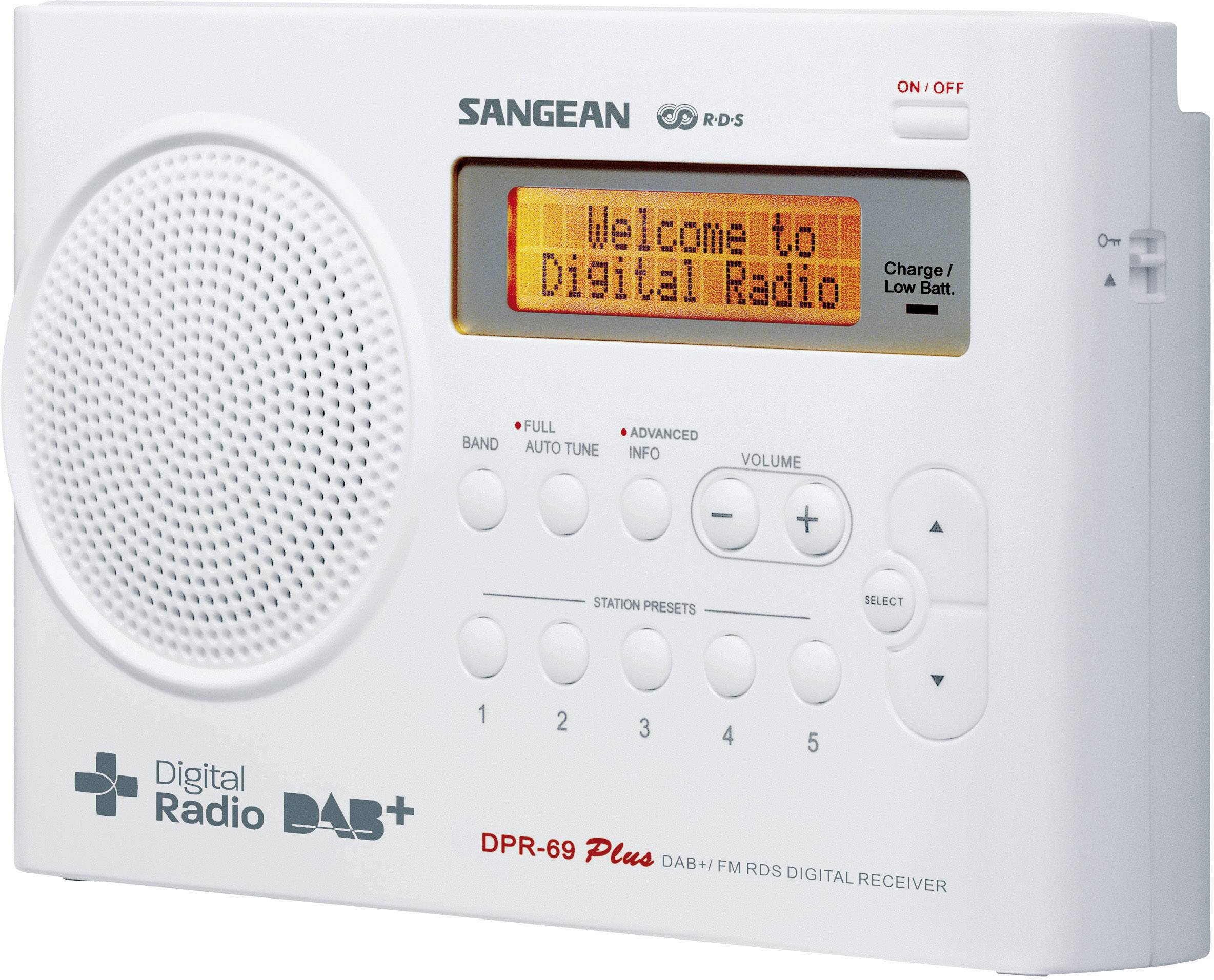 Bijeli digitalni radio s zvučnikom lijevo i zaslonom desno koji prikazuje 'Welcome to Digital Radio'. Tipke za upravljanje na dnu.