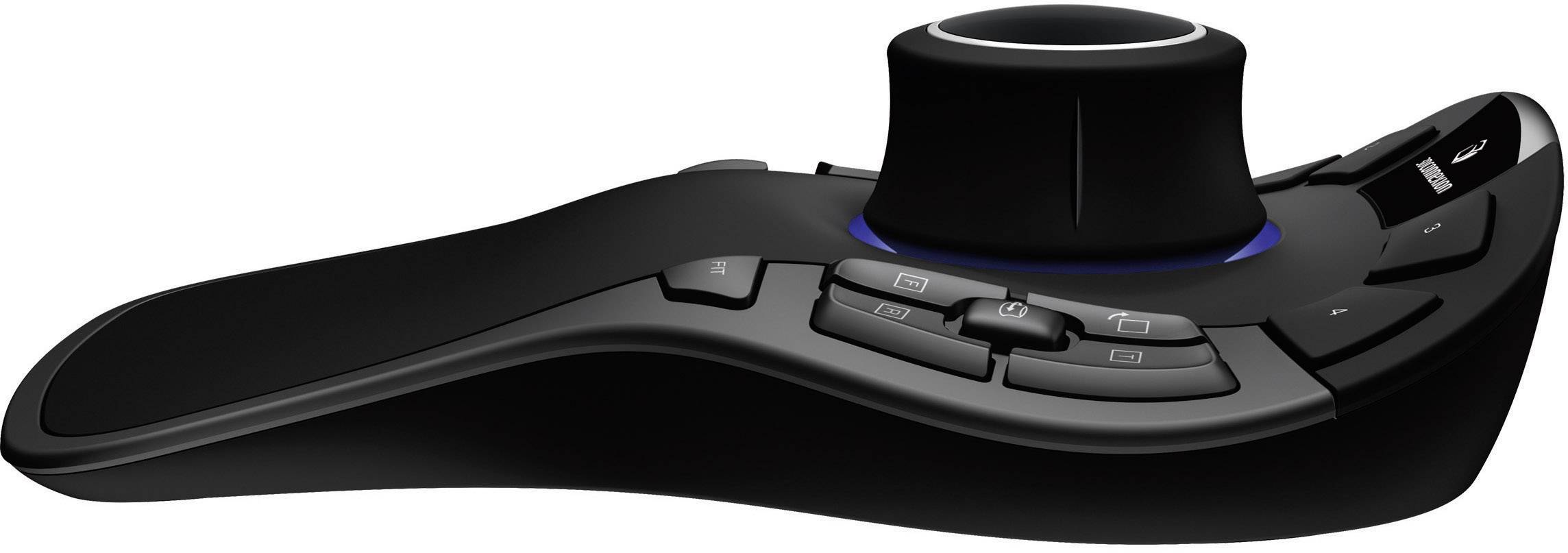 Crni ergonomski 3D-miš kontroler s velikim okretnim gumbom u sredini i nekoliko funkcijskih tipki sa strana.