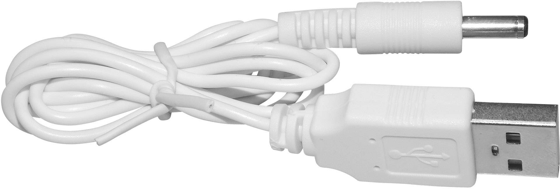 Bijeli USB kabel s dodatnim malim okruglim priključkom, pogodan za elektroničke uređaje.