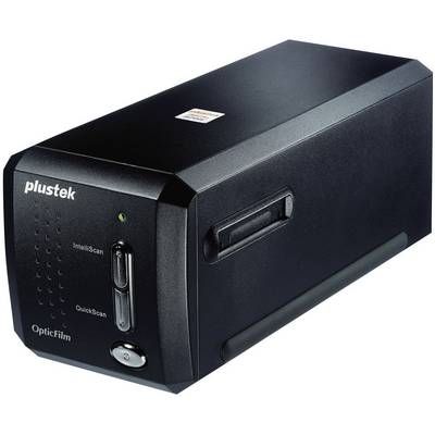 Crni filmski skener 'Plustek OpticFilm' s dvije tipke za IntelliScan i QuickScan, LED indikatorom i umetkom za film na vrhu uređaja.