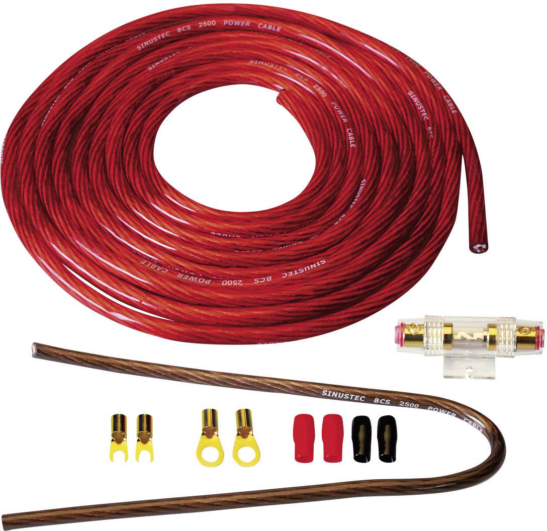 Crveni napajni kabel, kružnog oblika, s pripadajućom opremom poput osigurača, utičnica i manjim kabelima, vjerojatno za audio instalacije u automobilu.