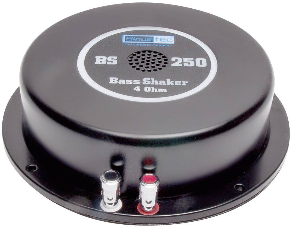 Okrugli Bass-Shaker u crnom kućištu s natpisima 'BS 250' i 'Bass-Shaker 4 Ohm'. Dva priključna stezaljke na dnu.