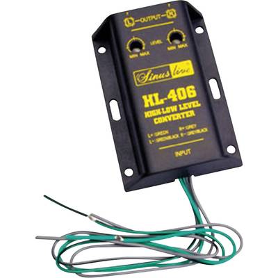 'Linus line HL-406' visokofrekventni/niskofrekventni pretvarač razine sa regulatorima za prilagodbu tonske razine, crna kutija s kabelima dolje.