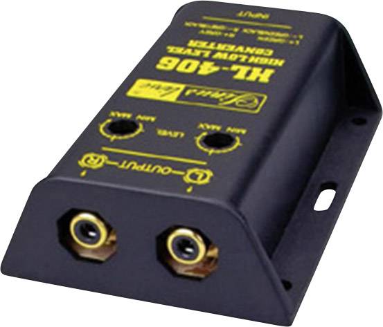 HL-406 Konverter visokog/niskog signala na crenom kućištu, posjeduje dva audio ulazna i izlazna priključka, s integriranim otpornikom.