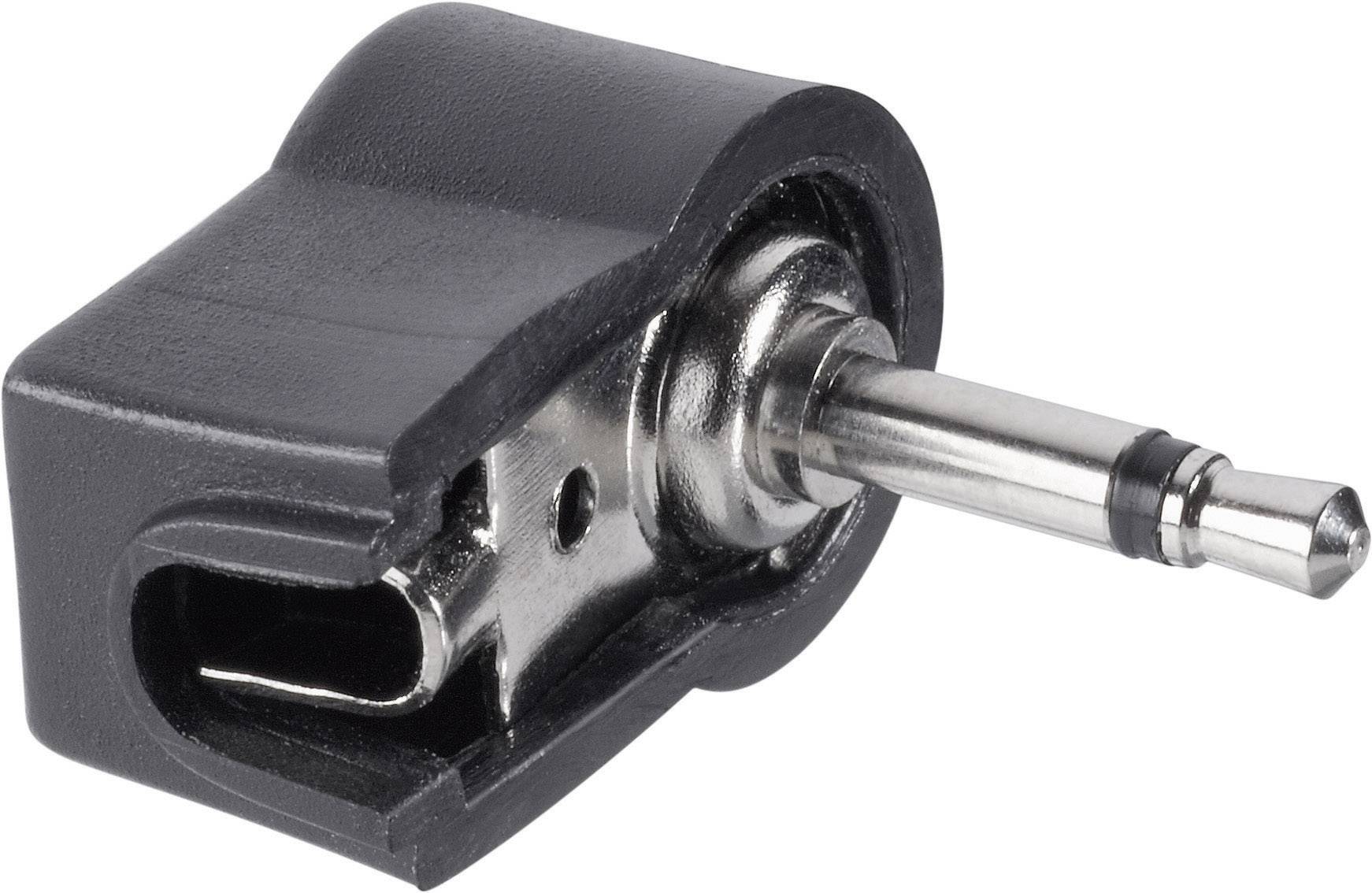 Crni audio adapter s 3,5-mm utikačem i pravokutnim plastičnim kućištem, razvijen za povezivanje audio uređaja.