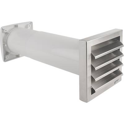 Metalna ventilacijska rešetka s pravokutnim lamelama, pričvršćena na kružni ventilacijski kanal. Koristi se za ventilacijske svrhe.