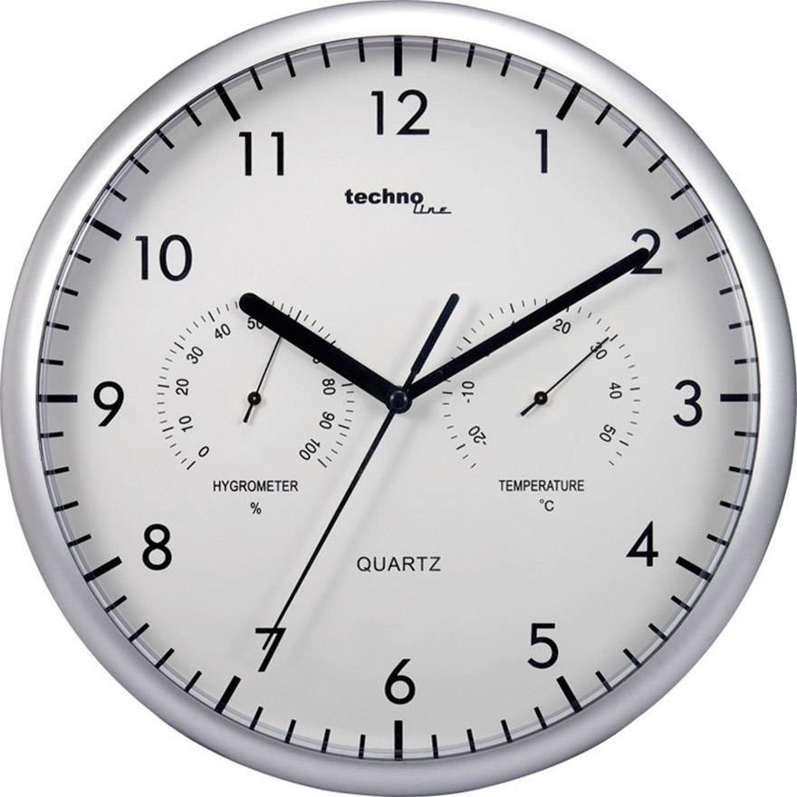 Analogni zidni sat sa srebrnim okvirom pokazuje 10:09. Manji brojčanici prikazuju higrometar (% vlažnosti zraka) i temperaturu (°C).