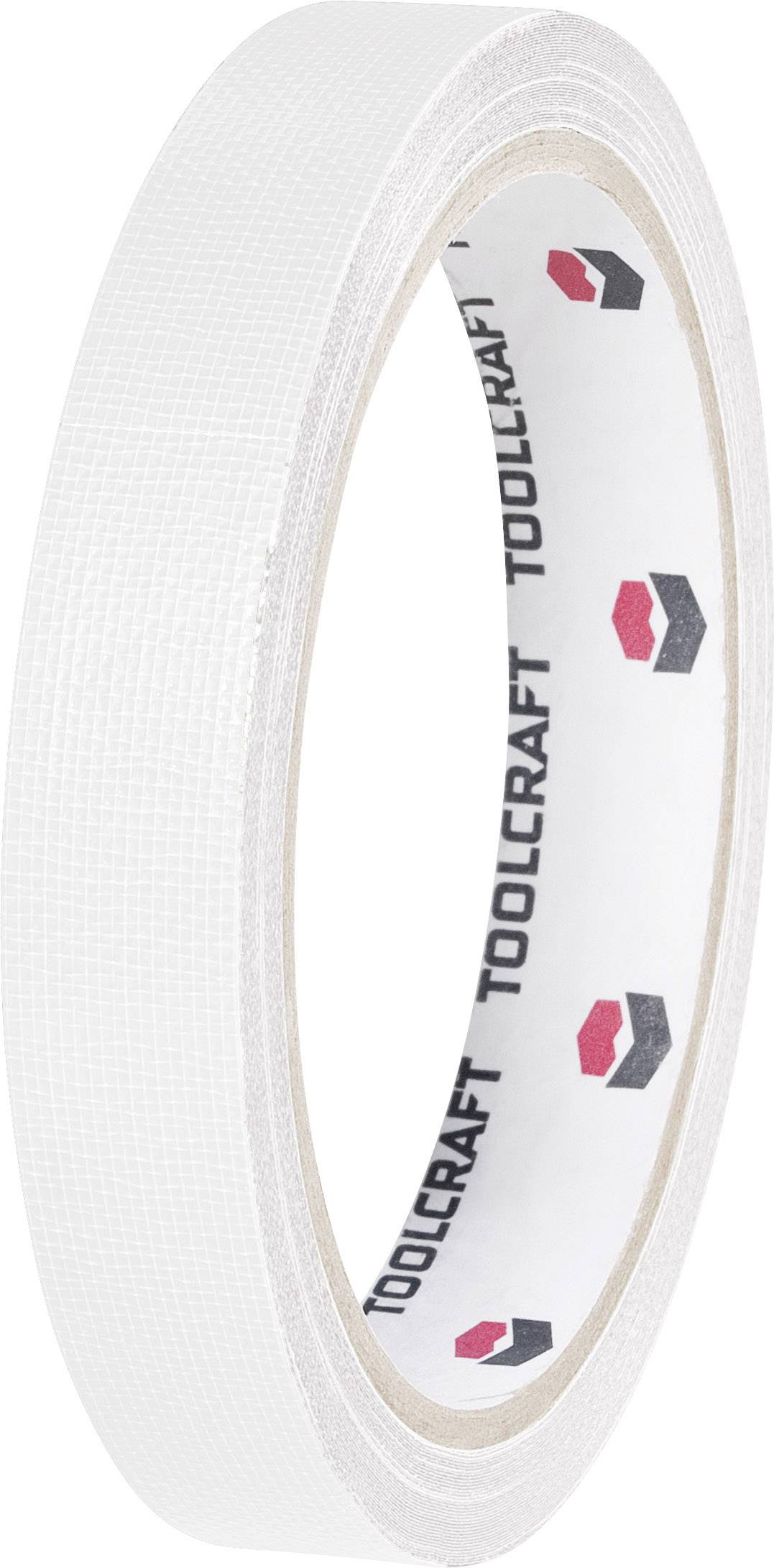 Bijela, tanka traka ljepljive vrste od Toolcrafta, na rolni, s tekstom "TOOLCRAFT" i crvenim simbolima na unutarnjoj strani.