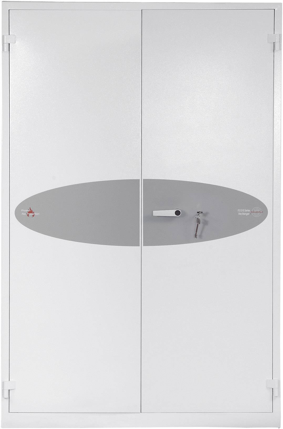 Bijeli ormar s dva krila, sive boje u sredini i ručkom na desnim vratima. Rotirajuća naprava je vidljiva.