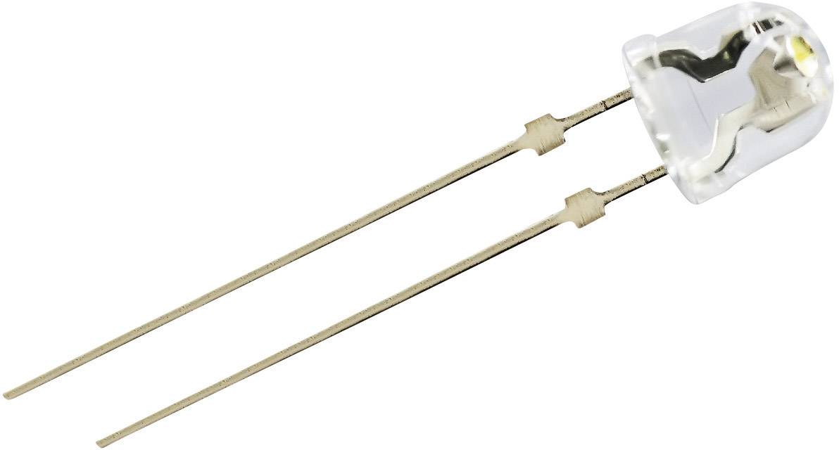 Jedna bijela LED (light-emitting diode) s dva metalna priključka koji viruju iz prozirnog kućišta.