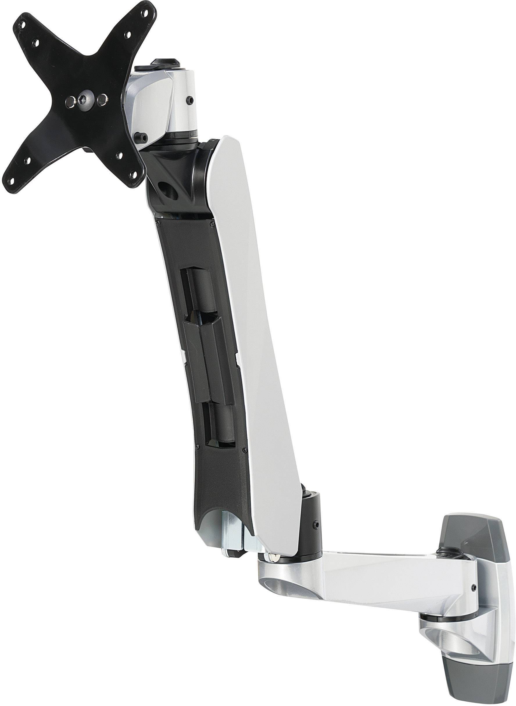 Zidni nosač monitora u srebrnoj i crnoj boji koji omogućava fleksibilno pozicioniranje monitora za ergonomski rad.
