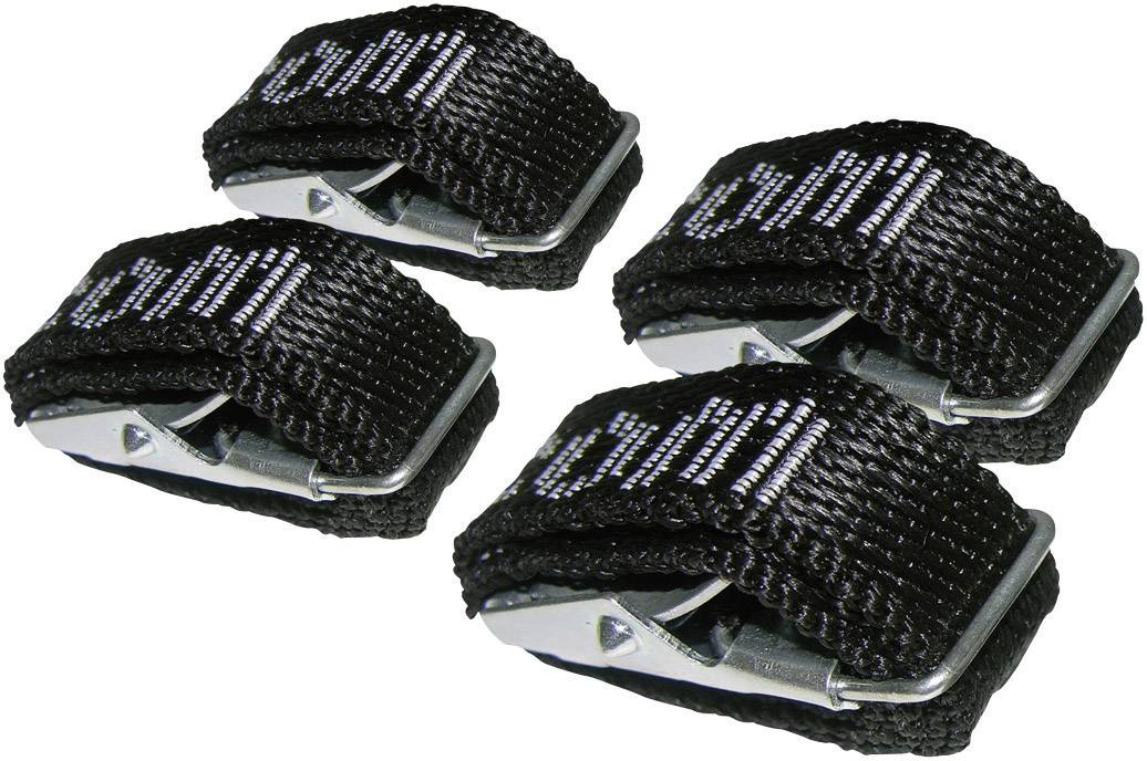Četiri crne zatezne trake s metalnim kopčama, posložene na bijeloj pozadini.