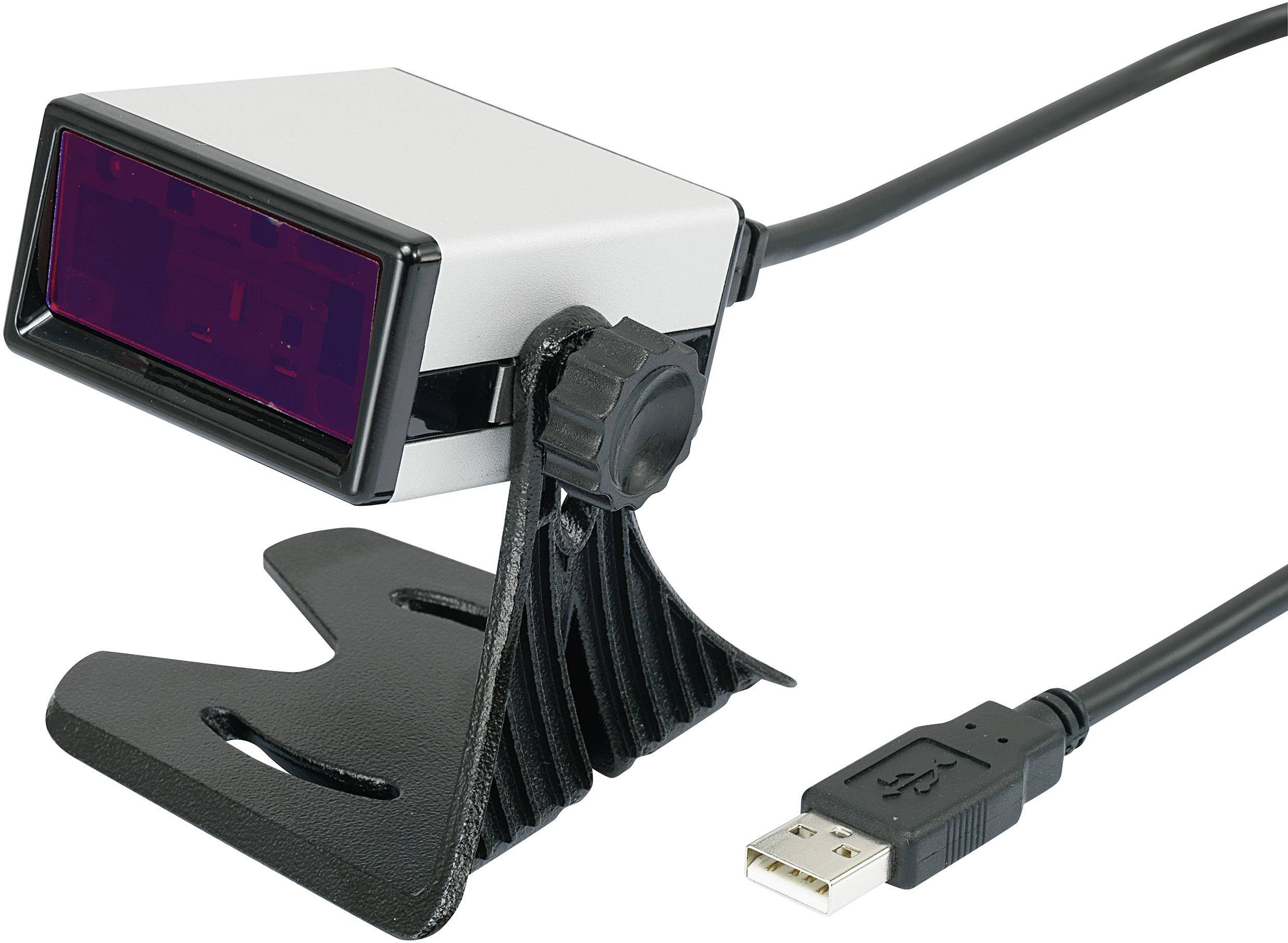 USB čitač barkodova s crnom postoljom i crvenim otvorom za skeniranje, povezan USB kabelom.
