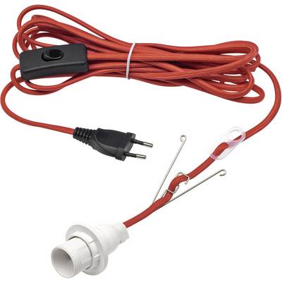 Crveni električni kabel za lampu s prekidačem i E27 grlijkom. Europski utikač i metalni kuka za učvršćivanje su vidljivi.