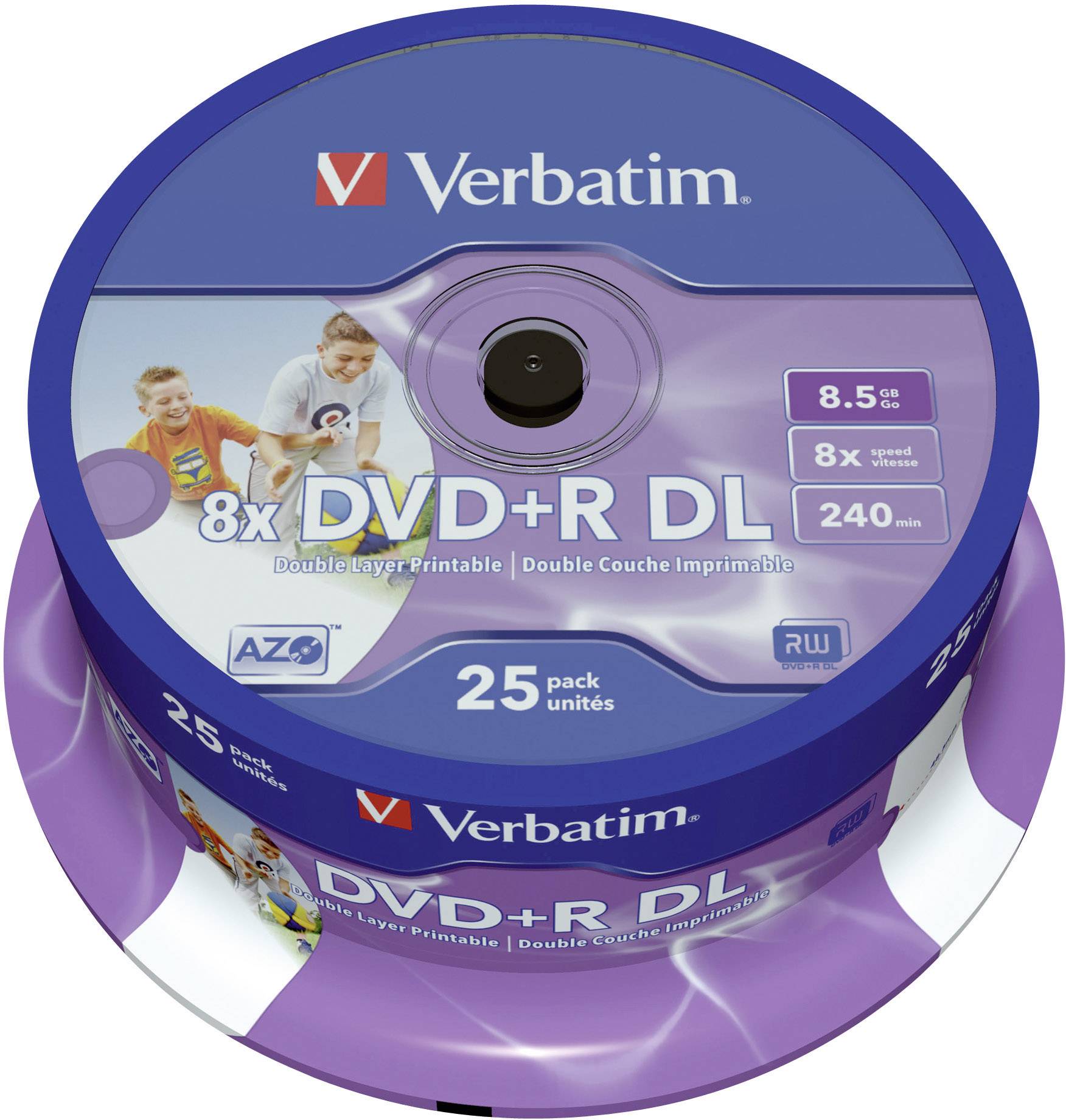 Verbatim DVD+R DL, pakiranja od 25 komada, brzina snimanja 8x, kapacitet pohrane 8,5 GB za do 240 minuta videozapisa. Pogodan za dvoslojno snimanje podataka.