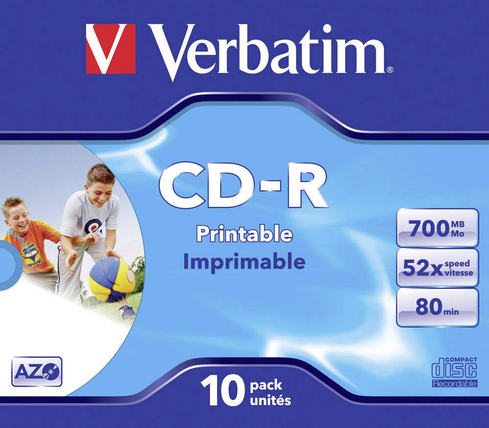 CD-R pakiranje od Verbatima. Kapacitet: 700 MB, brzina: 52x, vrijeme trajanja: 80 minuta. Sadržava 10 CD-ova koji se mogu tiskati.