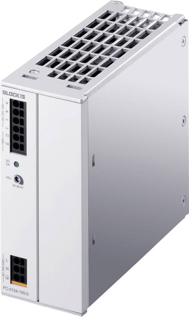 Srebreni električni uređaj s otvorima za ventilaciju, bočnim priključcima i natpisom 'BLOCK PC-0124-100-0'.