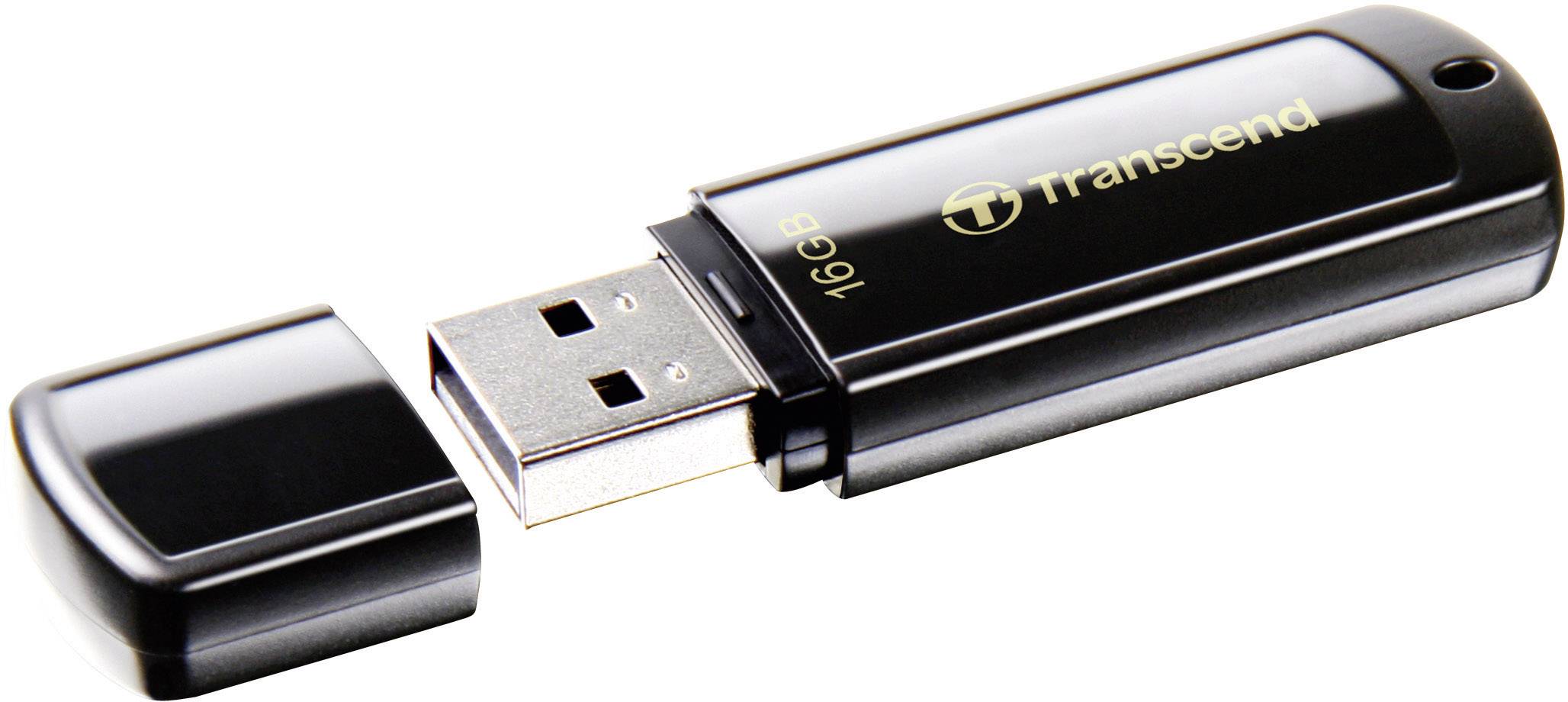 Crni USB stick marke 'Transcend' bez zaštitnog poklopca, kapaciteta 16 GB.
