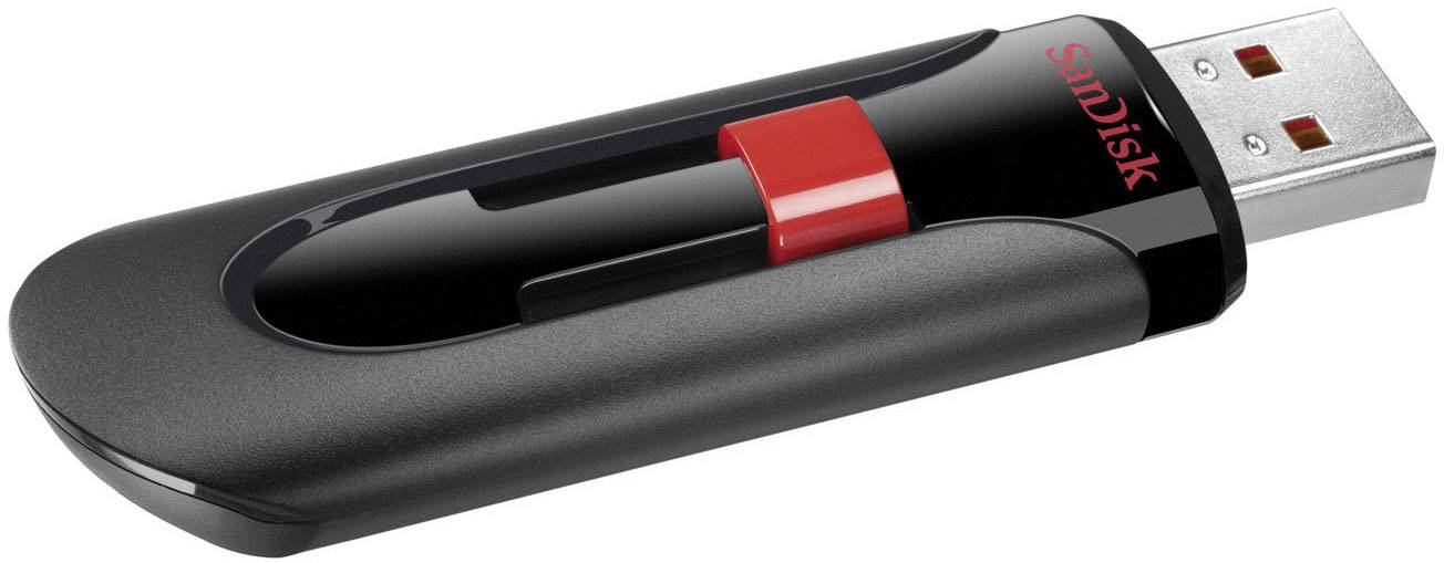 Crni USB stick s crvenim kliznim mehanizmom, obilježen natpisom 'SanDisk', leži na bijeloj pozadini.