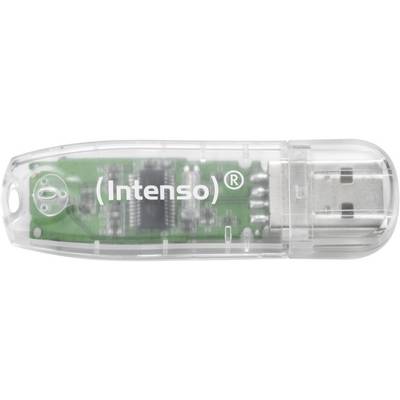 USB stick marke 'Intenso' s prozirnim kućištem kroz koje se vide zeleni elektronički sklopovi.