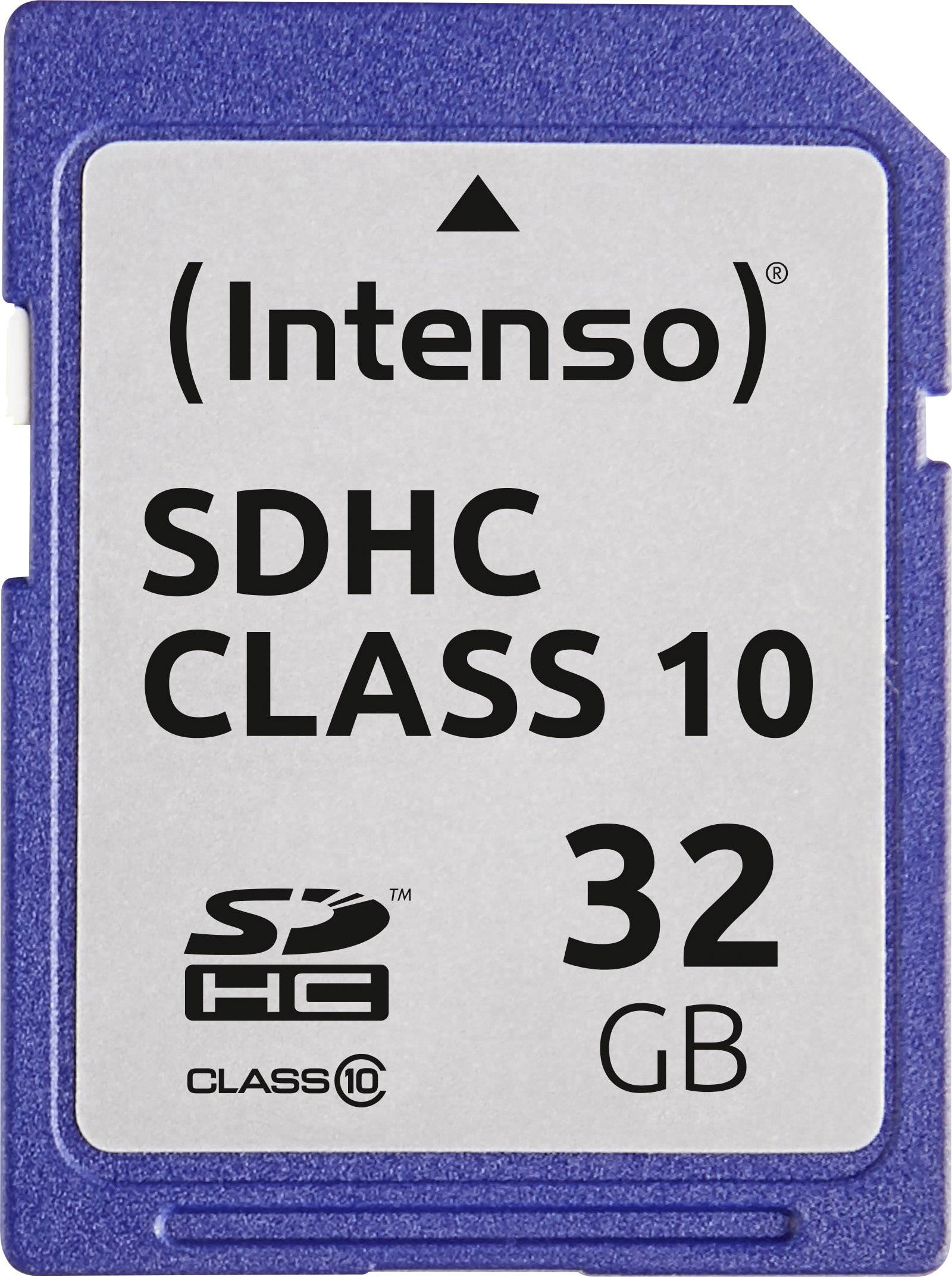 Memorijska kartica marke 'Intenso', tipa SDHC klase 10, kapaciteta 32 GB. Ima plavo kućište.