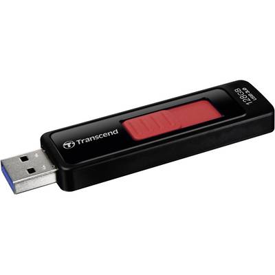 Crni USB stick s crvenom tipkom, natpisom 'Transcend', kapaciteta pohrane 128 GB.