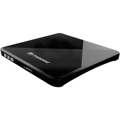Vanjski, crni CD/DVD snimač tvrtke Transcend u tankom dizajnu, položen na površinu.