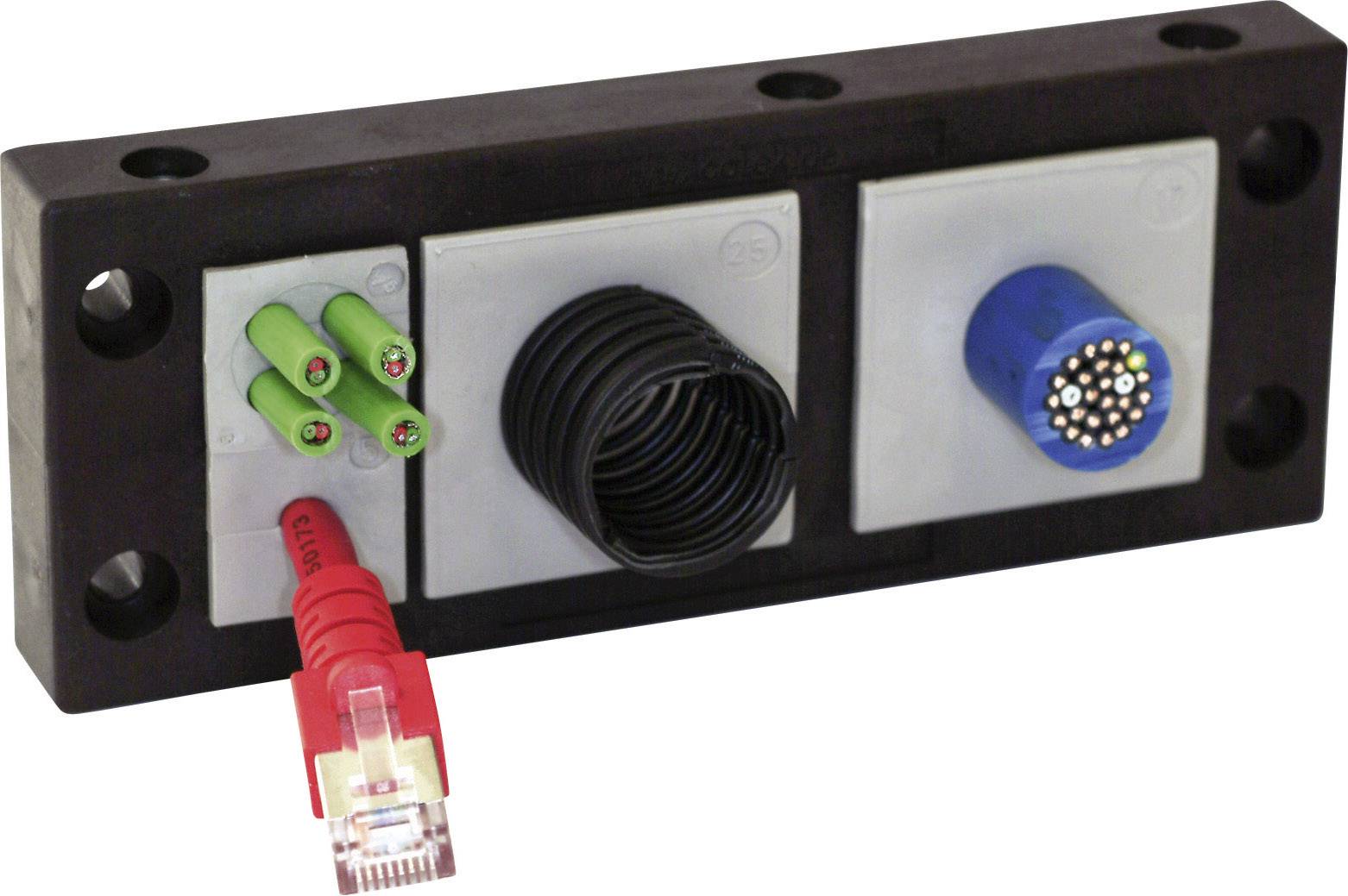 Pravokutni montažni panel s više kabelskih provora, uključujući crveni mrežni kabel, zelene kabele i plavi utikački kabel.