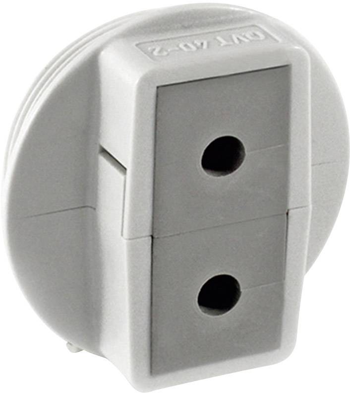 Sivi, okrugli adapter s dva okrugla utičnih mjesta, pogodan za spajanje električnih uređaja s različitim formatima utičnica.