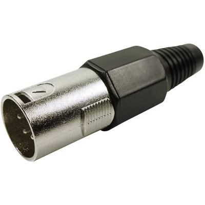 Mikrofonski kabelski utikač u srebnoj i crnoj boji. Tip: XLR utikač, tropolni. Koristi se za profesionalne audio signale.
