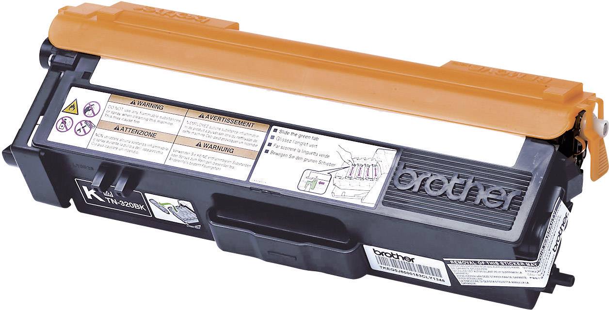 Toner za printer u crnoj boji s narančastom ručkom, naljepnice s upozorenjima i kompatibilnim modelima printera.