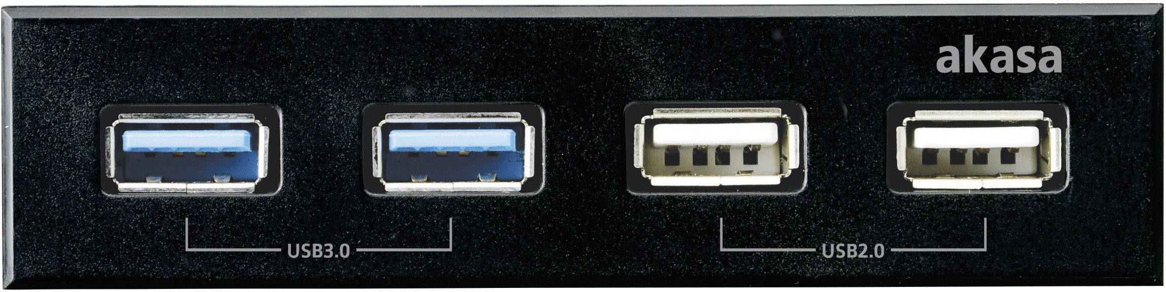 Četiri USB priključka na prednjoj ploči, dva lijevo su USB 3.0 priključci označeni plavom bojom, dva desno su USB 2.0 priključci.