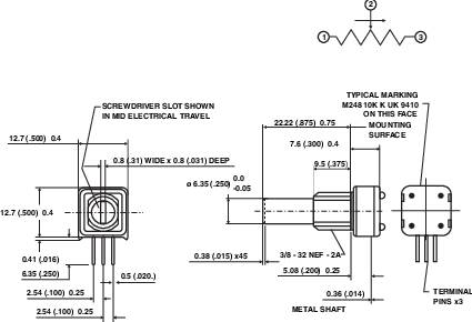 Tehnički nacrt potenciometra s dimenzijama, električnim priključcima i provrtima za odvijač za podešavanje.