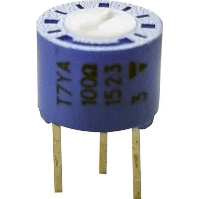 Elektronički, plavi trimer potenciometar s tri pina, modelnim brojem i vrijednostima napisanim crnom bojom na površini.