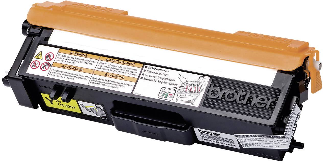 Toner-patrona Brother u crnoj i narančastoj boji s upozorenjima na boku.