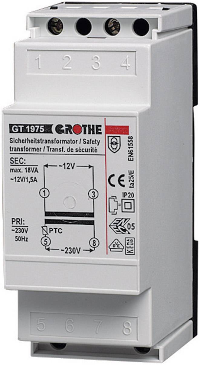 Bijeli sigurnosni transformator s natpisom 'Sigurnosni transformator'. Ulaz: 230V, 50Hz. Izlaz: maks. 18VA, 12V/1,5A.