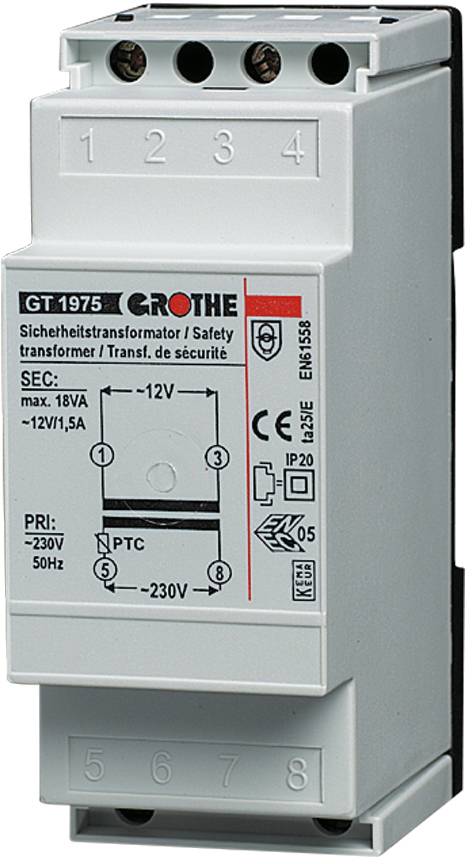 Sigurnosni transformator 'GT 1975' tvrtke Crothe. Maks. 18VA, -12V1,5A, Primarni 230V, 50Hz. Kućište s tehničkim natpisima i simbolima.
