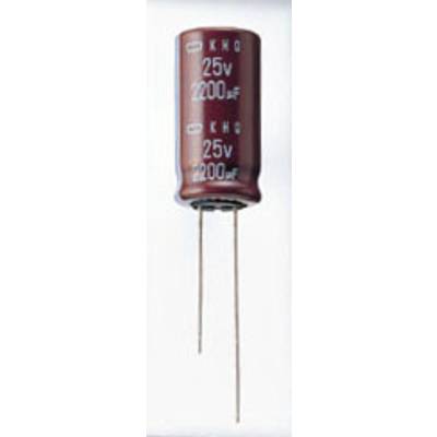 Smeđi elektrolitski kondenzator 25V 2200µF oznake, dva žičana priključka dolje.