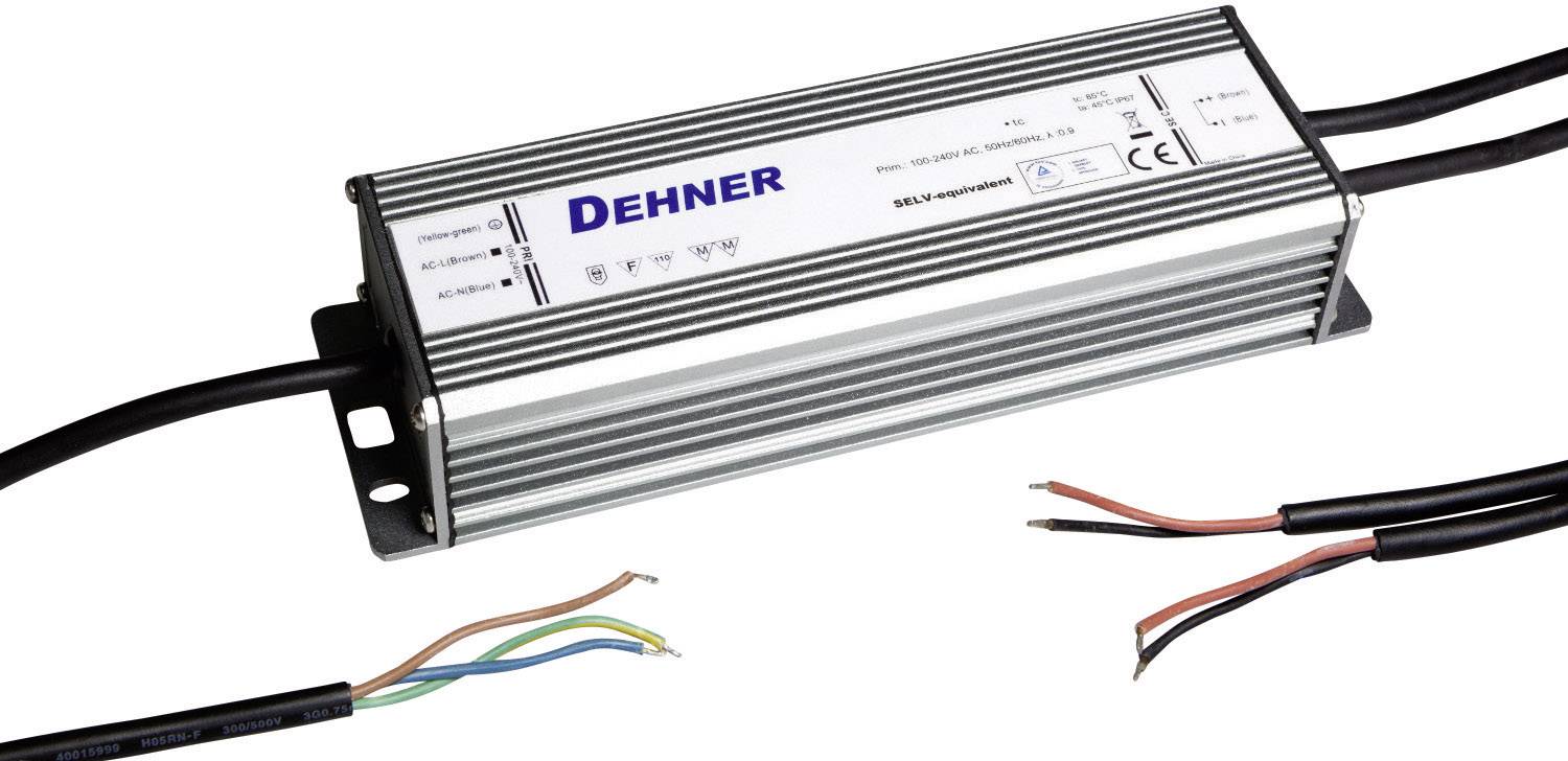 Pravokutni elektronički uređaj s natpisom 'Dehner', kabel na oba kraja, vjerojatno transformator ili pretvarač napona.