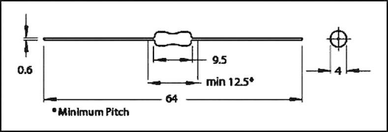 Dijagram elektroničke komponente s dimenzijama: duljina 64 mm, razmak 9,5 mm, promjer 0,6 mm, visina 4 mm, minimalni korak 12,5°.