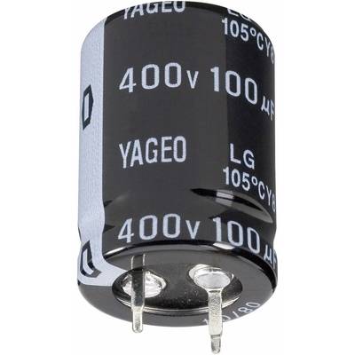 Crni elektrolitski kondenzator sa srebrnim natpisom: '400V 100µF YAGEO'. Dva metalna priključka vidljiva pri dnu.